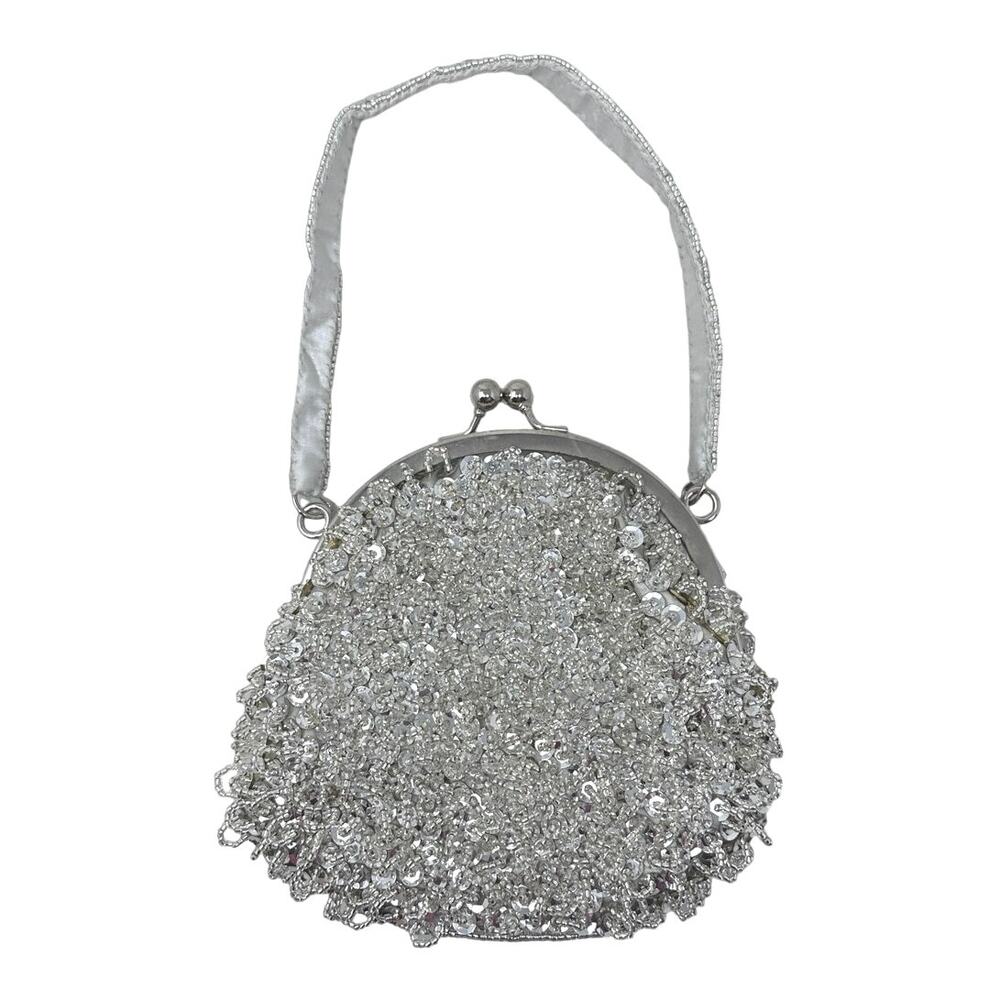 Cache Silver beaded sequins clutch bag